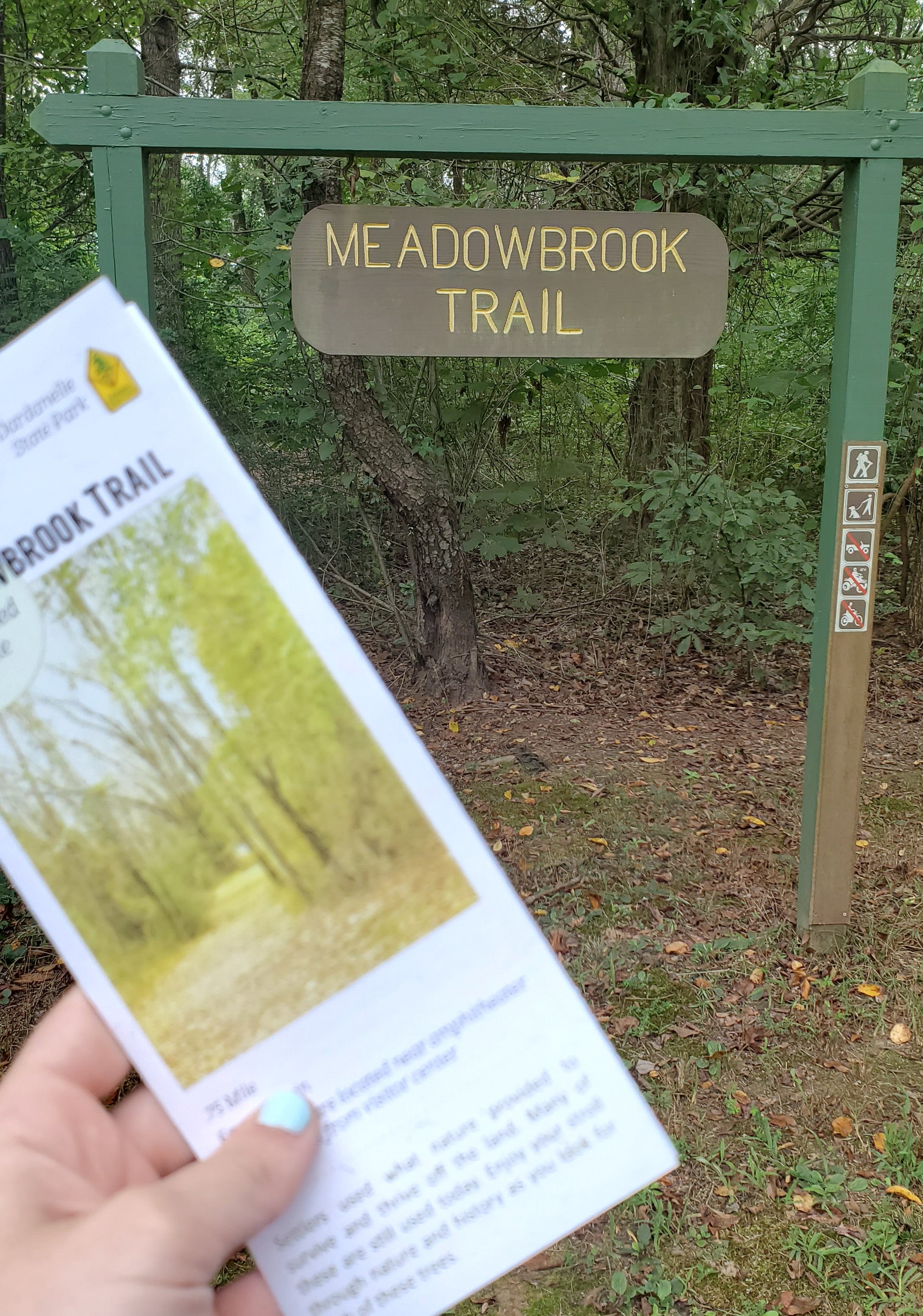 An out of focus trail brochure being held up in front of a sign that says Meadowbrook Trail. Images on the sign post show that hiking and dogs are allowed, but no motorized vehicles, ATVs, or motorbikes